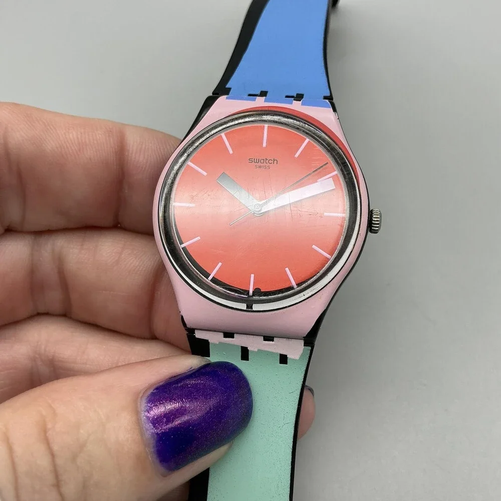 Swatch A COTE GB286 Womens Watch 34mm Orange Dial Pink Case Rubber New Battery